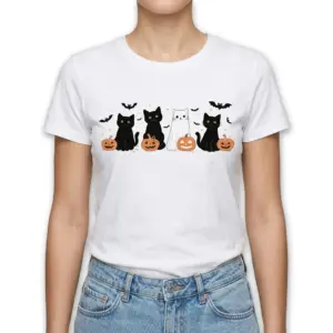 Cute Halloween Cats and Ghost Pumpkin T-Shirt 9 White shirt design with Halloween cats and ghost pumpkin theme.