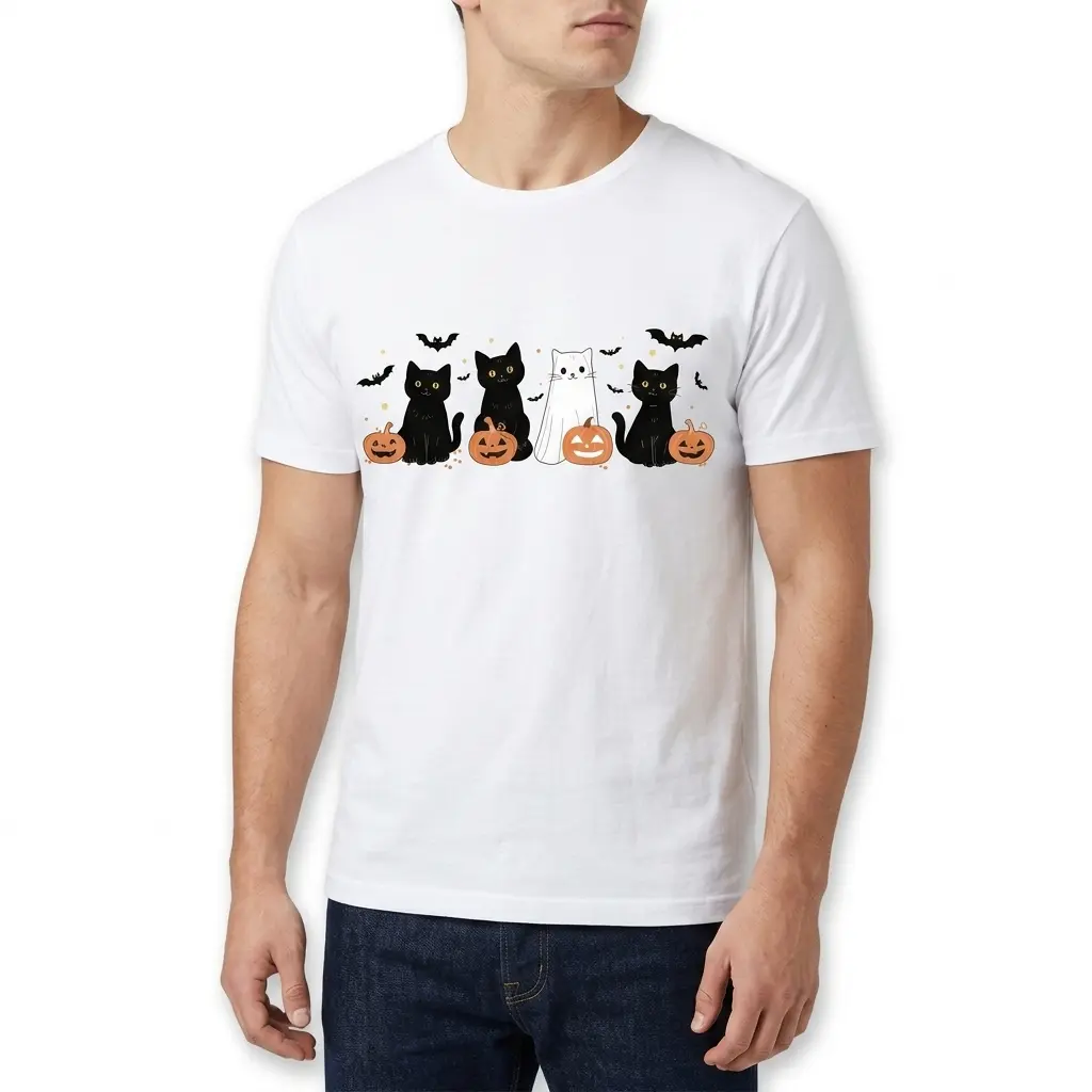 Cute Halloween Cats and Ghost Pumpkin T-Shirt 5 Cartoon cats and pumpkins on a Halloween-themed t-shirt.