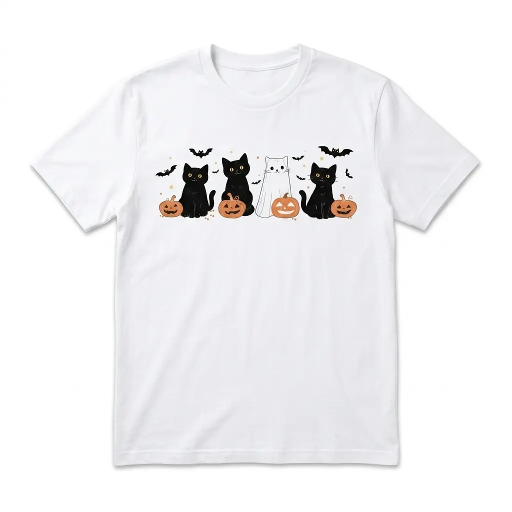 Cute Halloween Cats and Ghost Pumpkin T-Shirt 1 White t-shirt featuring cute Halloween-themed cats and pumpkins.