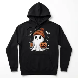 Cute Halloween Ghost Iced Coffee T-Shirt 7 Front view of T-shirt with a Halloween ghost holding iced coffee.