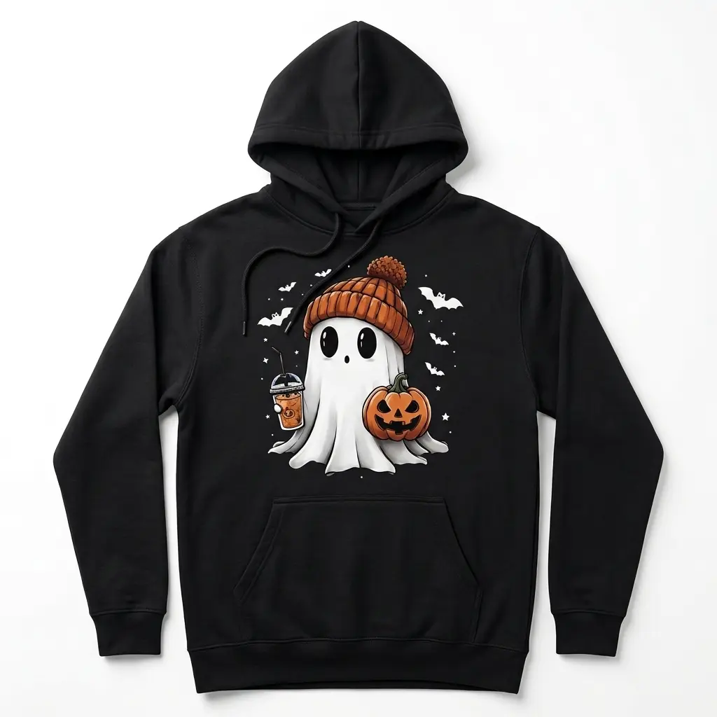 Front view of T-shirt with a Halloween ghost holding iced coffee.