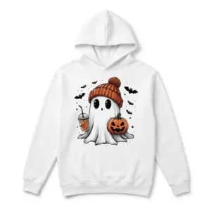 Cute Halloween Ghost Iced Coffee T-Shirt 7 White Halloween t-shirt with ghost, beanie, pumpkin, and iced coffee illustration.