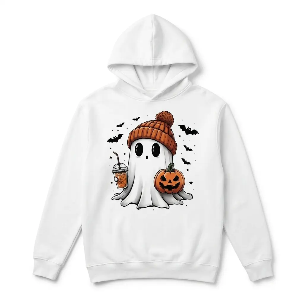 Cute Halloween Ghost Iced Coffee T-Shirt 2 White Halloween t-shirt with ghost, beanie, pumpkin, and iced coffee illustration.