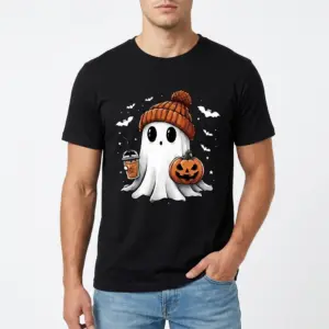 Cute Halloween Ghost Iced Coffee T-Shirt 8 Close-up of Halloween-themed T-shirt design with ghost and pumpkin.