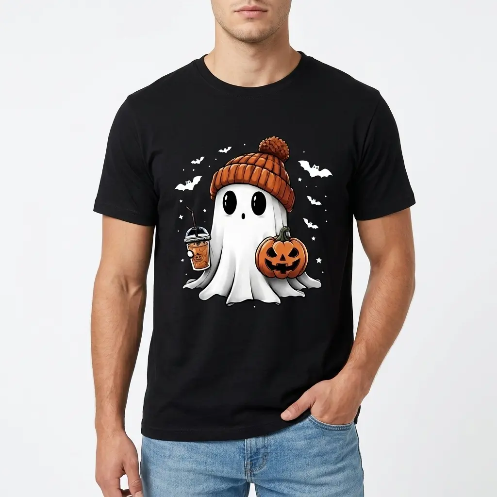 Close-up of Halloween-themed T-shirt design with ghost and pumpkin.