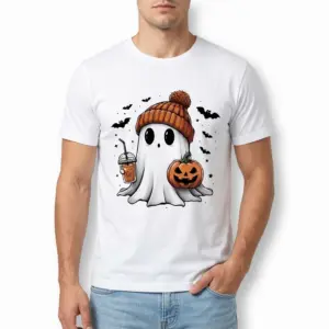 Cute Halloween Ghost Iced Coffee T-Shirt 8 T-shirt displaying a ghost in a beanie, pumpkin, and iced coffee on white background.