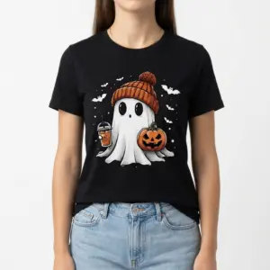 Cute Halloween Ghost Iced Coffee T-Shirt 9 T-shirt displaying a whimsical ghost in a hat with a jack-o-lantern.