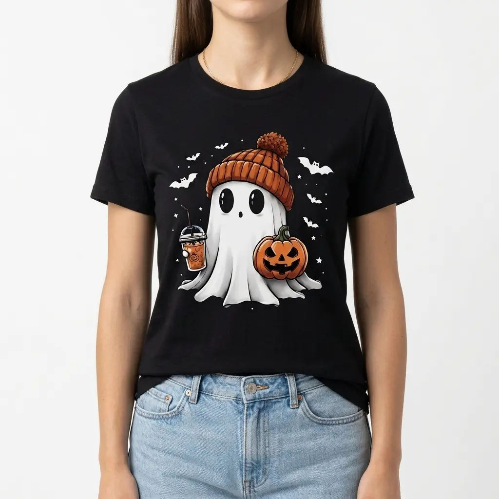 T-shirt displaying a whimsical ghost in a hat with a jack-o-lantern.