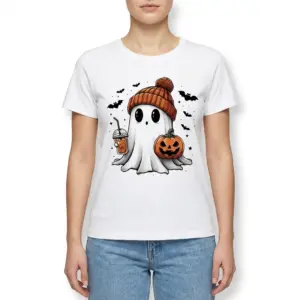 Cute Halloween Ghost Iced Coffee T-Shirt 9 Cute ghost t-shirt with Halloween theme including pumpkin and iced coffee.