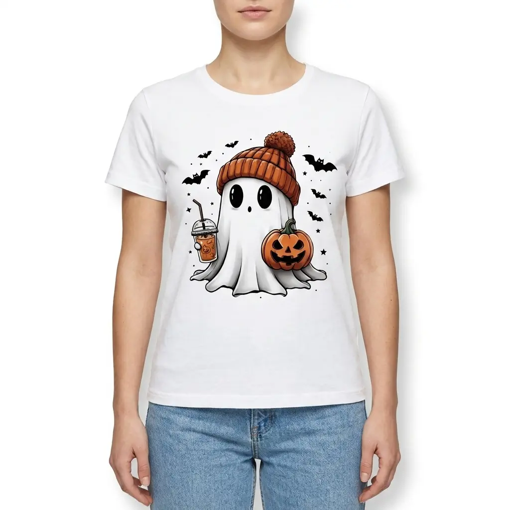 Cute Halloween Ghost Iced Coffee T-Shirt 4 Cute ghost t-shirt with Halloween theme including pumpkin and iced coffee.