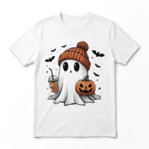 White t-shirt featuring a cute ghost with a beanie, iced coffee, and pumpkin.