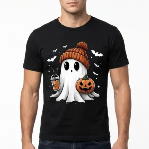 Cute Halloween Ghost Iced Coffee T-Shirt 10 Cute ghost character on a Halloween T-shirt with coffee and pumpkin.