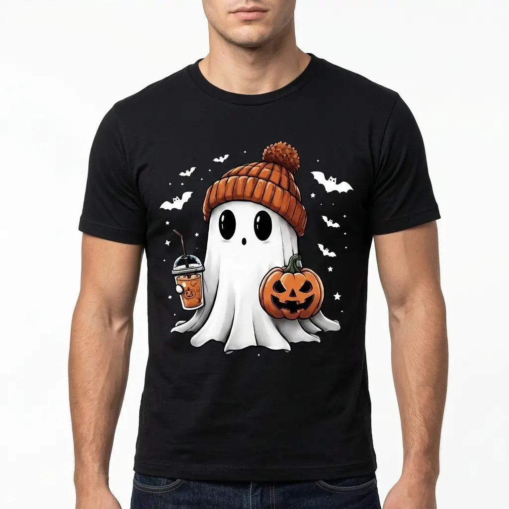 Cute ghost character on a Halloween T-shirt with coffee and pumpkin.