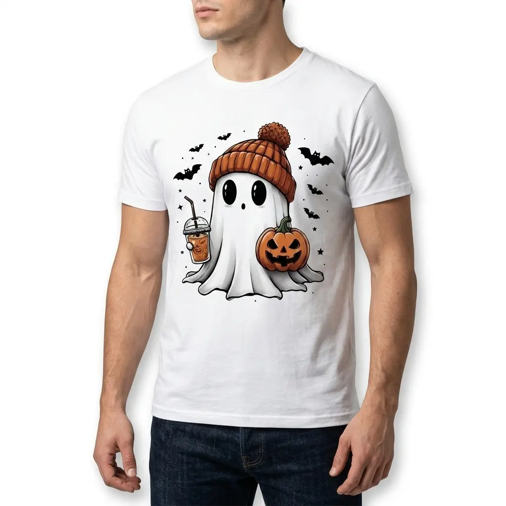 Cute Halloween Ghost Iced Coffee T-Shirt 5 Halloween-themed t-shirt with ghost, beanie, pumpkin, and iced coffee design.
