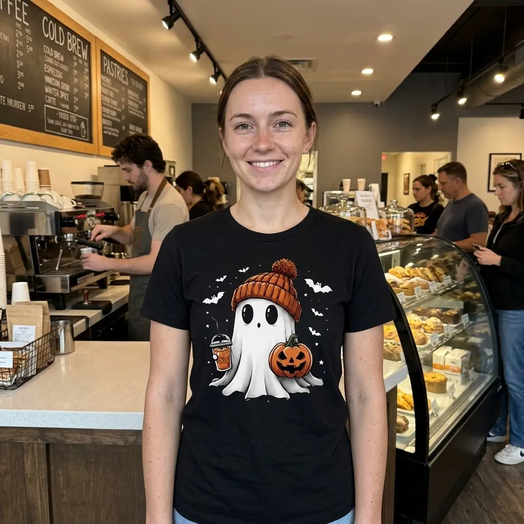 Person wearing a Halloween T-shirt with a ghost and iced coffee design.