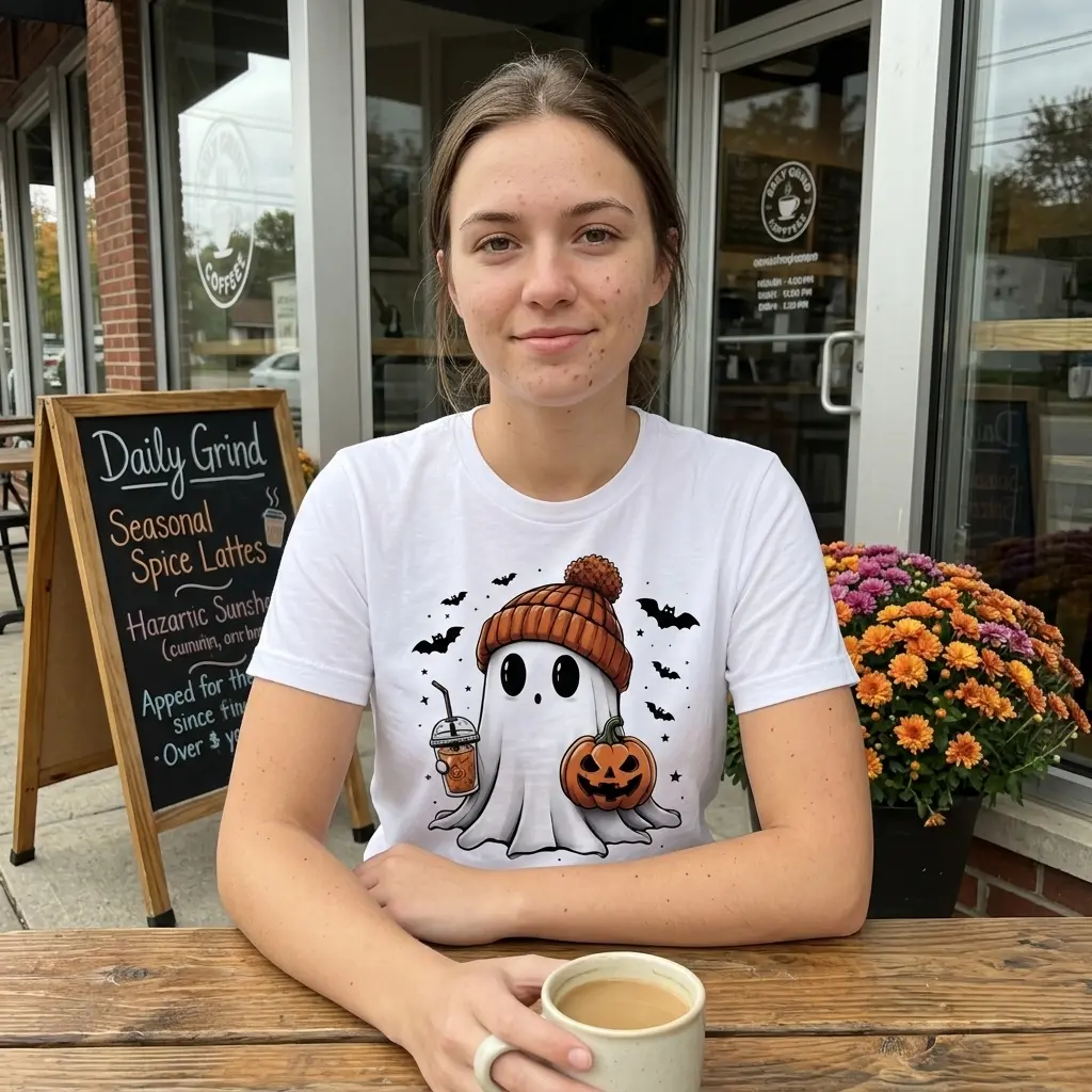Cute Halloween Ghost Iced Coffee T-Shirt 6 Person wearing a Halloween t-shirt with a ghost, beanie, pumpkin, and iced coffee.