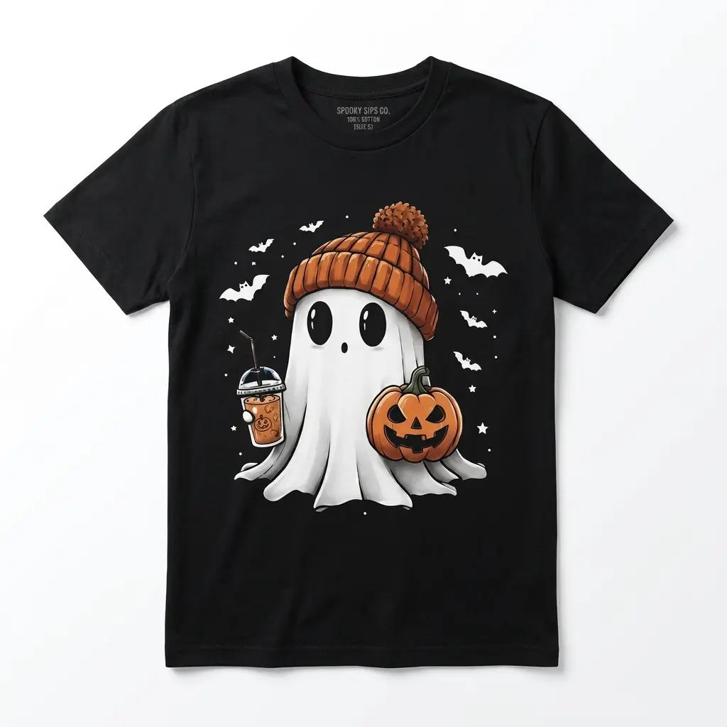 Black T-shirt featuring a cute ghost with iced coffee and pumpkin.