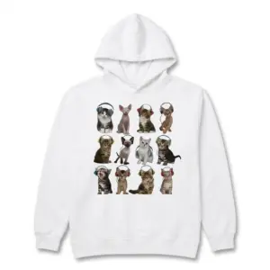 Cute Kittens with Headphones Graphic T-Shirt 7 Close-up of a white t-shirt showing a fluffy grey and white kitten and a hairless Sphynx kitten, both wearing headphones.