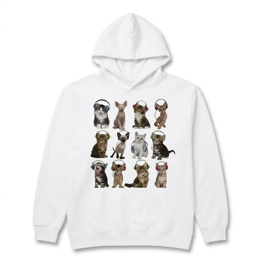 Cute Kittens with Headphones Graphic T-Shirt 2 Close-up of a white t-shirt showing a fluffy grey and white kitten and a hairless Sphynx kitten, both wearing headphones.