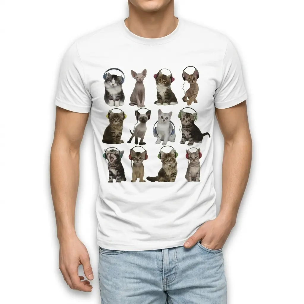 Cute Kittens with Headphones Graphic T-Shirt 3 Upper right close-up of the t-shirt, displaying four kittens with headphones, including a tabby and a hairless Sphynx cat.