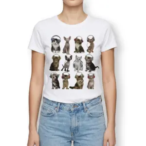 Cute Kittens with Headphones Graphic T-Shirt 9 Lower left close-up of the white t-shirt, highlighting kittens with headphones, one black tabby yawning and a brown tabby.