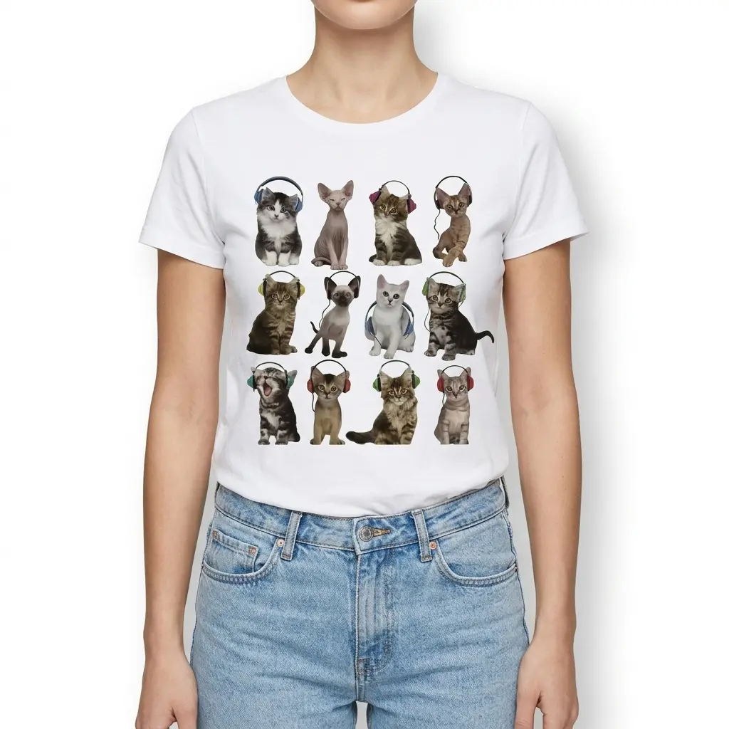 Cute Kittens with Headphones Graphic T-Shirt 4 Lower left close-up of the white t-shirt, highlighting kittens with headphones, one black tabby yawning and a brown tabby.
