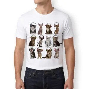 Cute Kittens with Headphones Graphic T-Shirt 10 Lower right close-up of the t-shirt, featuring several kittens wearing headphones, including two tabbies and a grey cat.