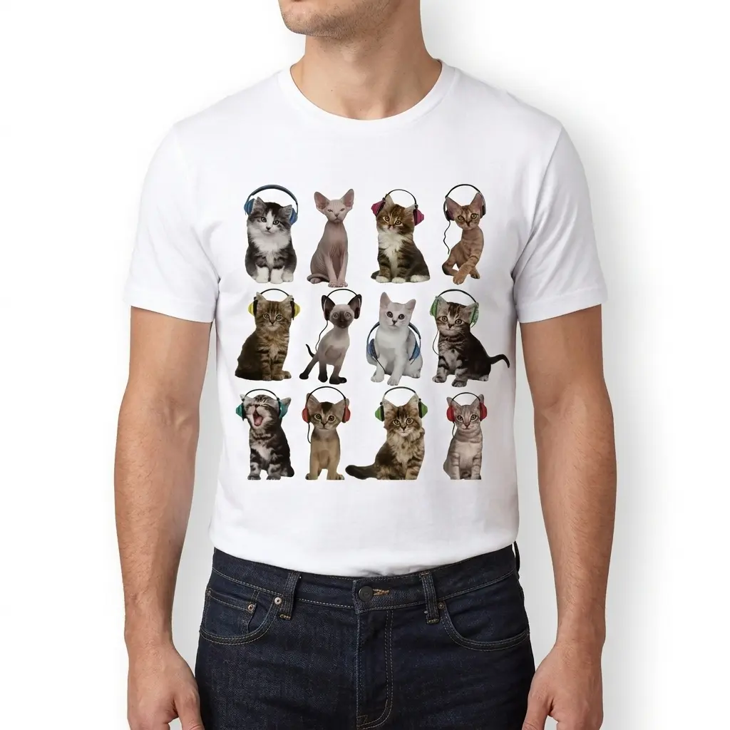 Cute Kittens with Headphones Graphic T-Shirt 5 Lower right close-up of the t-shirt, featuring several kittens wearing headphones, including two tabbies and a grey cat.