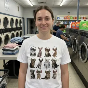 Cute Kittens with Headphones Graphic T-Shirt 11 This cute kittens with headphones graphic t-shirt showcases a vibrant print perfect for cat lovers.