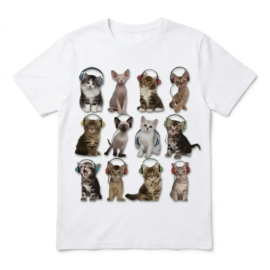 Cute Kittens with Headphones Graphic T-Shirt 1 A white graphic t-shirt featuring twelve diverse kittens wearing colorful headphones.