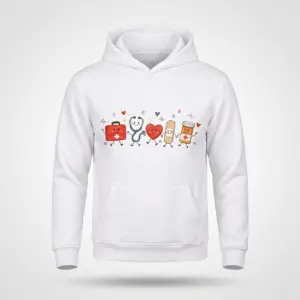Cute Medical Friends Appreciation T-Shirt 7 Front flat lay of a white hoodie featuring the friendly medical icons: first aid kit, stethoscope, heart, bandage, and pill bottle.