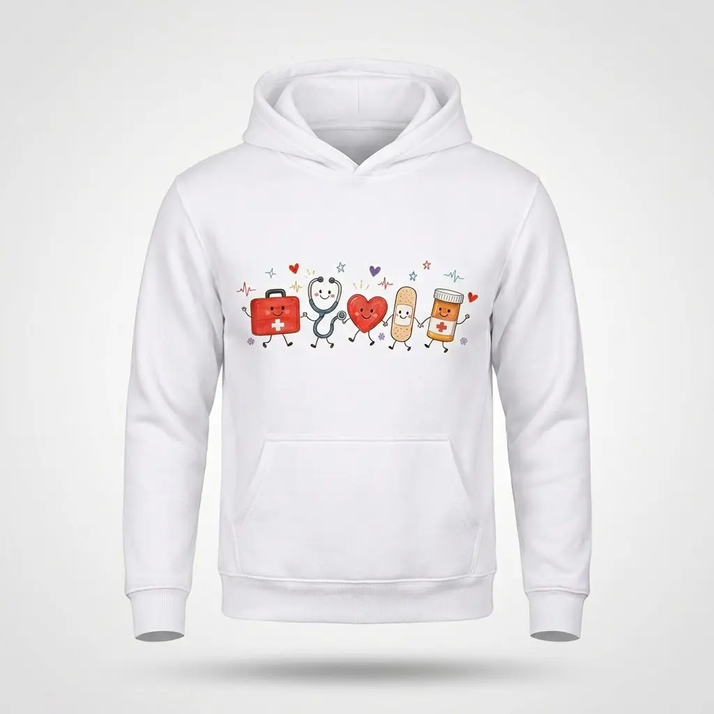 Cute Medical Friends Appreciation T-Shirt 2 Front flat lay of a white hoodie featuring the friendly medical icons: first aid kit, stethoscope, heart, bandage, and pill bottle.