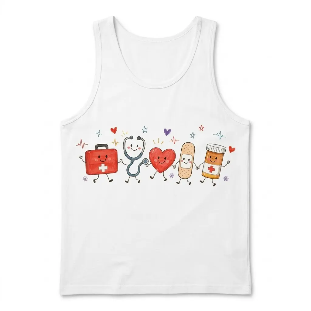 Cute Medical Friends Appreciation T-Shirt 3 White tank top flat lay showcasing the "Cute Medical Friends" appreciation design, celebrating care and healing.