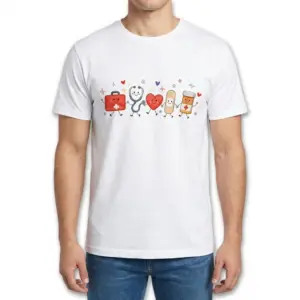Cute Medical Friends Appreciation T-Shirt 9 Front view of a man wearing the white t-shirt featuring the cute medical design with smiling first aid kit, stethoscope, heart, bandage, and pill bottle.