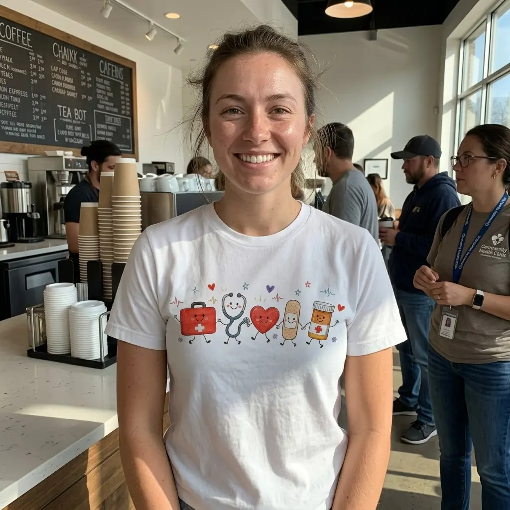 Cute Medical Friends Appreciation T-Shirt 5 White t-shirt with the cute medical iconography design, appealing to healthcare workers and those who love appreciation apparel.