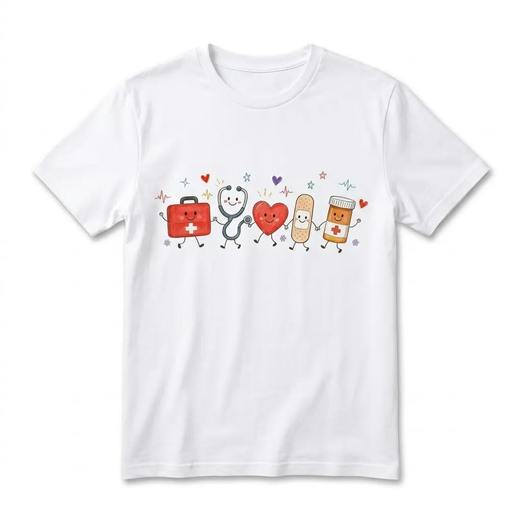 Cute Medical Friends Appreciation T-Shirt 1 White t-shirt flat lay with a cute design of a first aid kit, stethoscope, heart, bandage, and pill bottle holding hands.