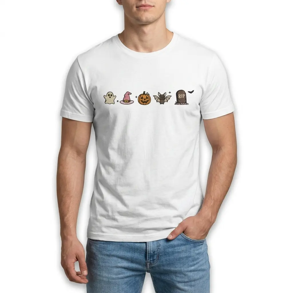 Casual display of a white Halloween shirt showcasing fun, spooky designs.