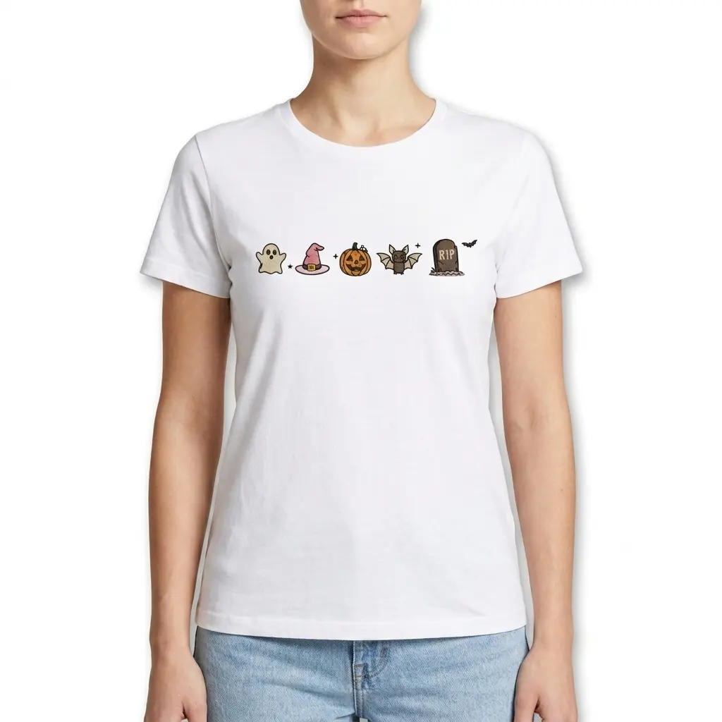 Mockup of a t-shirt adorned with charming Halloween symbols for a festive look.