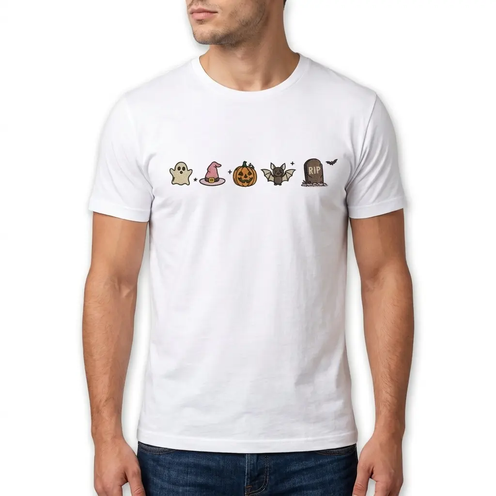 Minimalist Halloween icons on a white tee, perfect for Halloween celebrations.