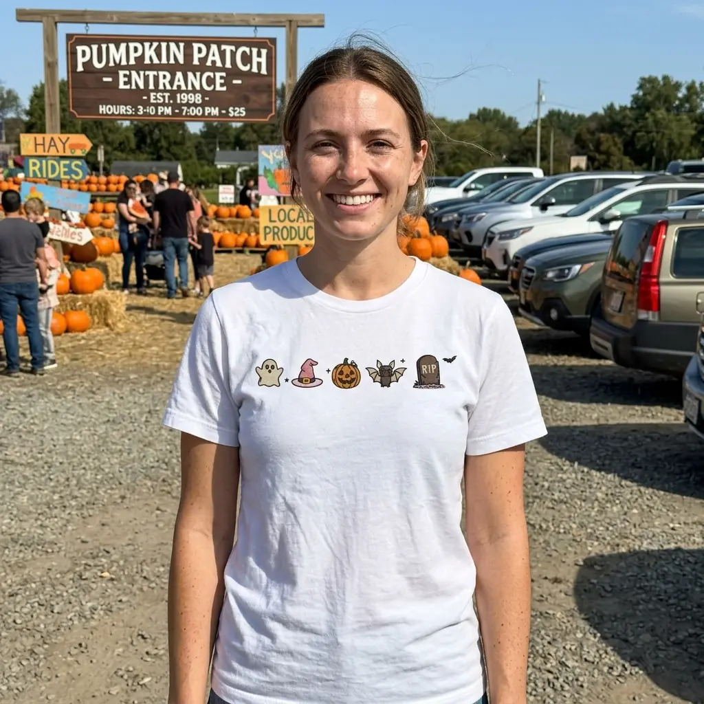 Model wearing a white t-shirt with Halloween designs, ideal for festive occasions.