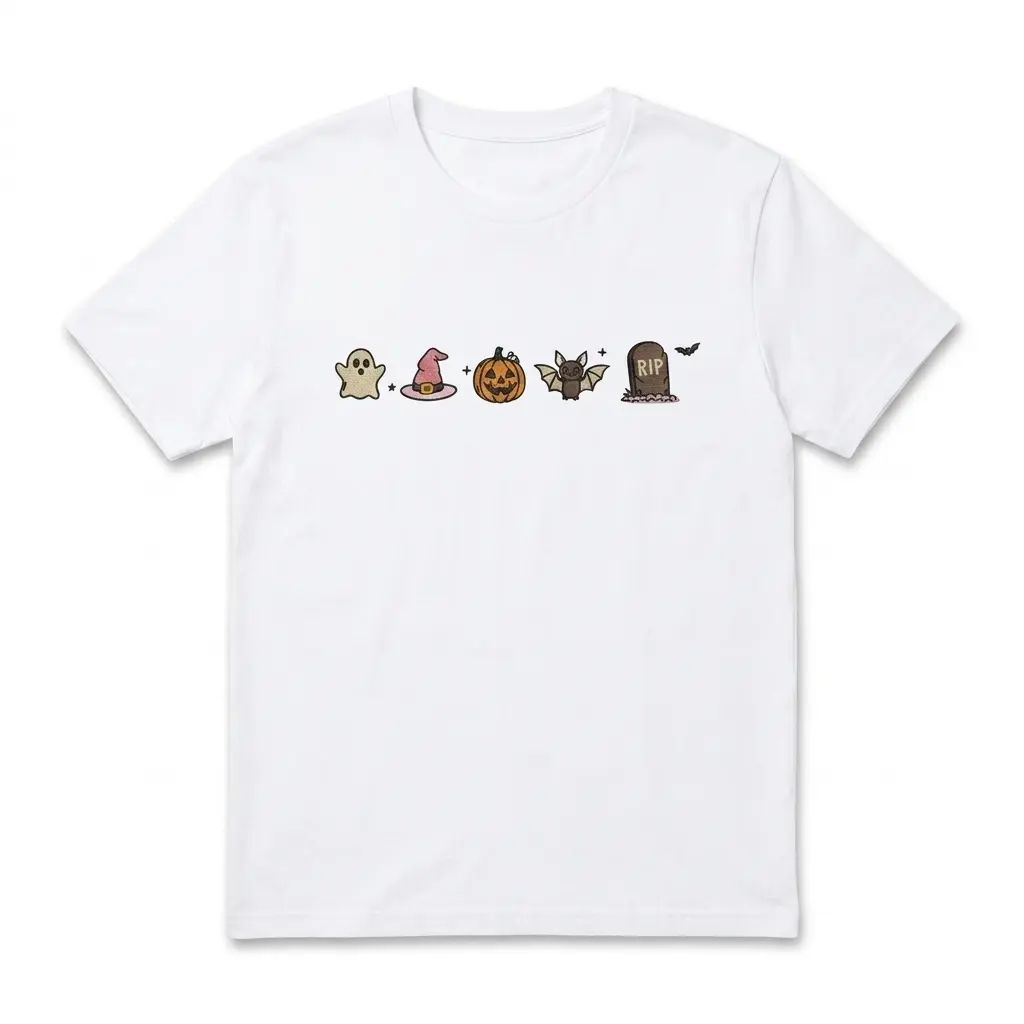 White t-shirt featuring cute minimalist Halloween icons, including a ghost and pumpkin.