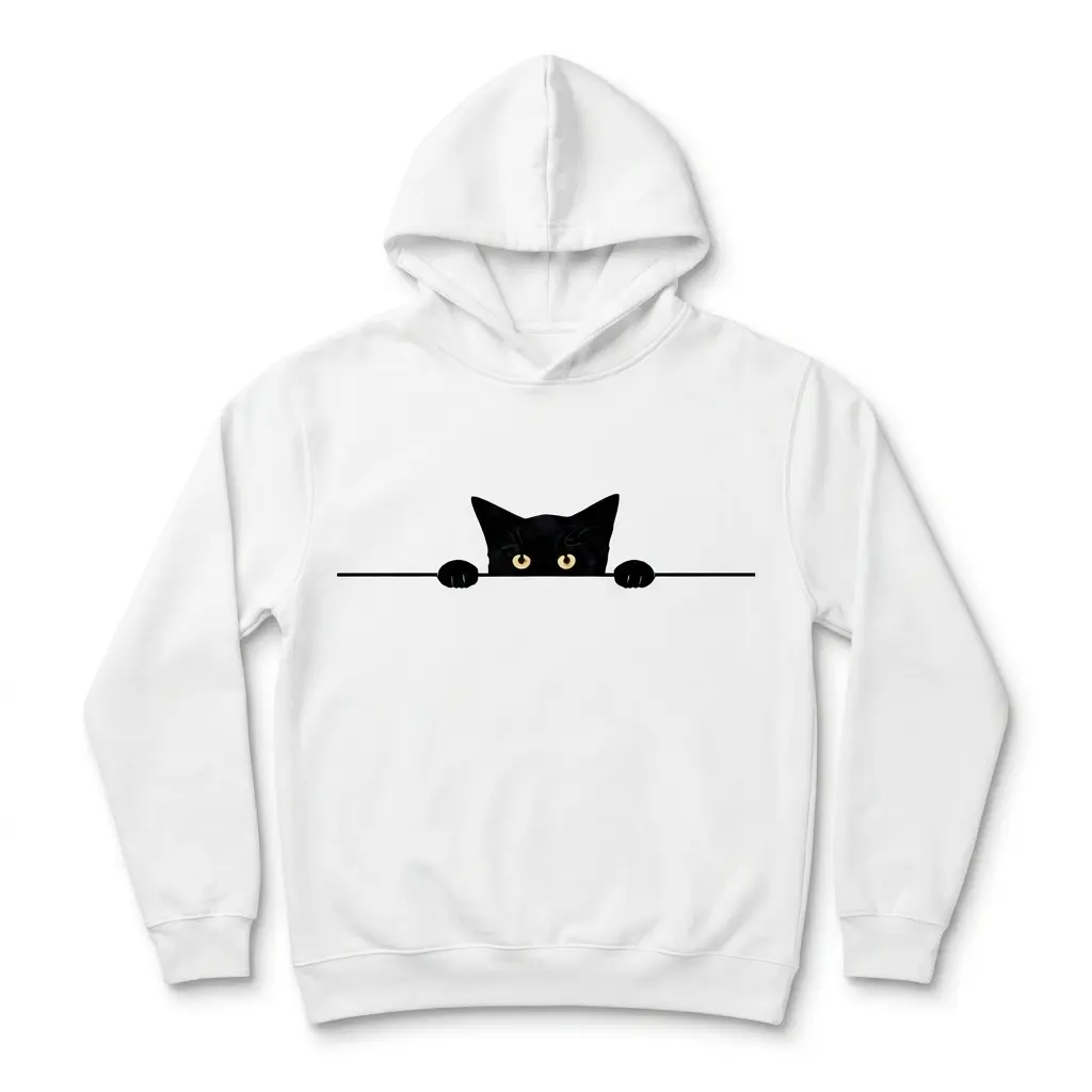 Cute Minimalist Peeking Black Cat T-Shirt 2 Front view of a white t-shirt showcasing the peeking black cat graphic.