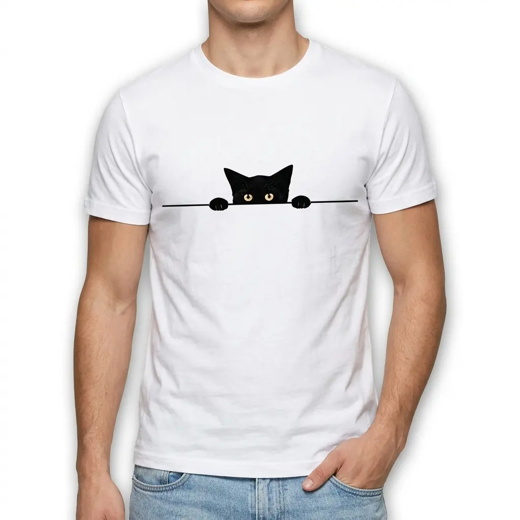 Cute Minimalist Peeking Black Cat T-Shirt 3 Close-up of the peeking black cat design on a white t-shirt.