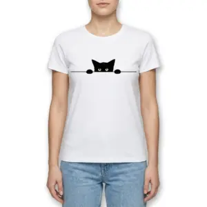 Cute Minimalist Peeking Black Cat T-Shirt 9 White t-shirt flat lay displaying the minimalist peeking black cat design.