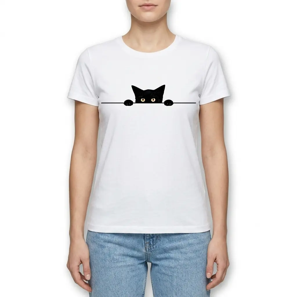 Cute Minimalist Peeking Black Cat T-Shirt 4 White t-shirt flat lay displaying the minimalist peeking black cat design.