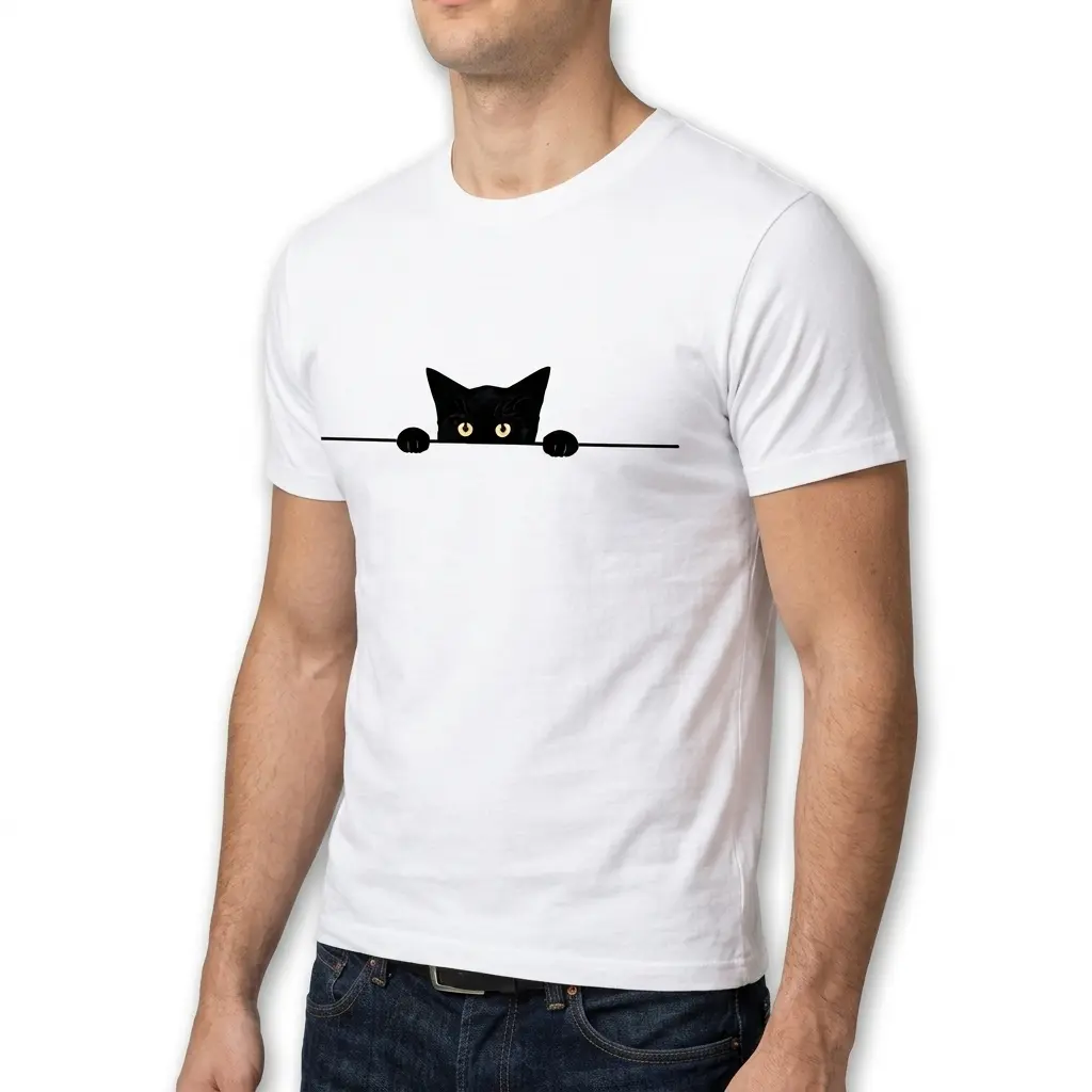 Cute Minimalist Peeking Black Cat T-Shirt 5 Side view of a white t-shirt with a peeking black cat illustration.