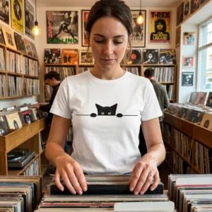 Cute Minimalist Peeking Black Cat T-Shirt 11 Model wearing the white t-shirt featuring a peeking black cat design outdoors.