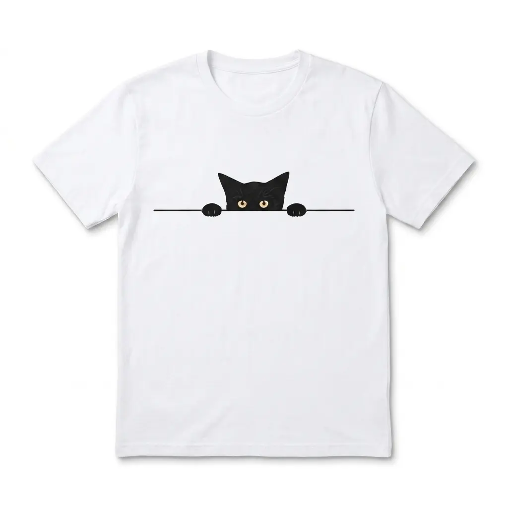 Cute Minimalist Peeking Black Cat T-Shirt 1 White t-shirt featuring a cute peeking black cat design with expressive eyes.