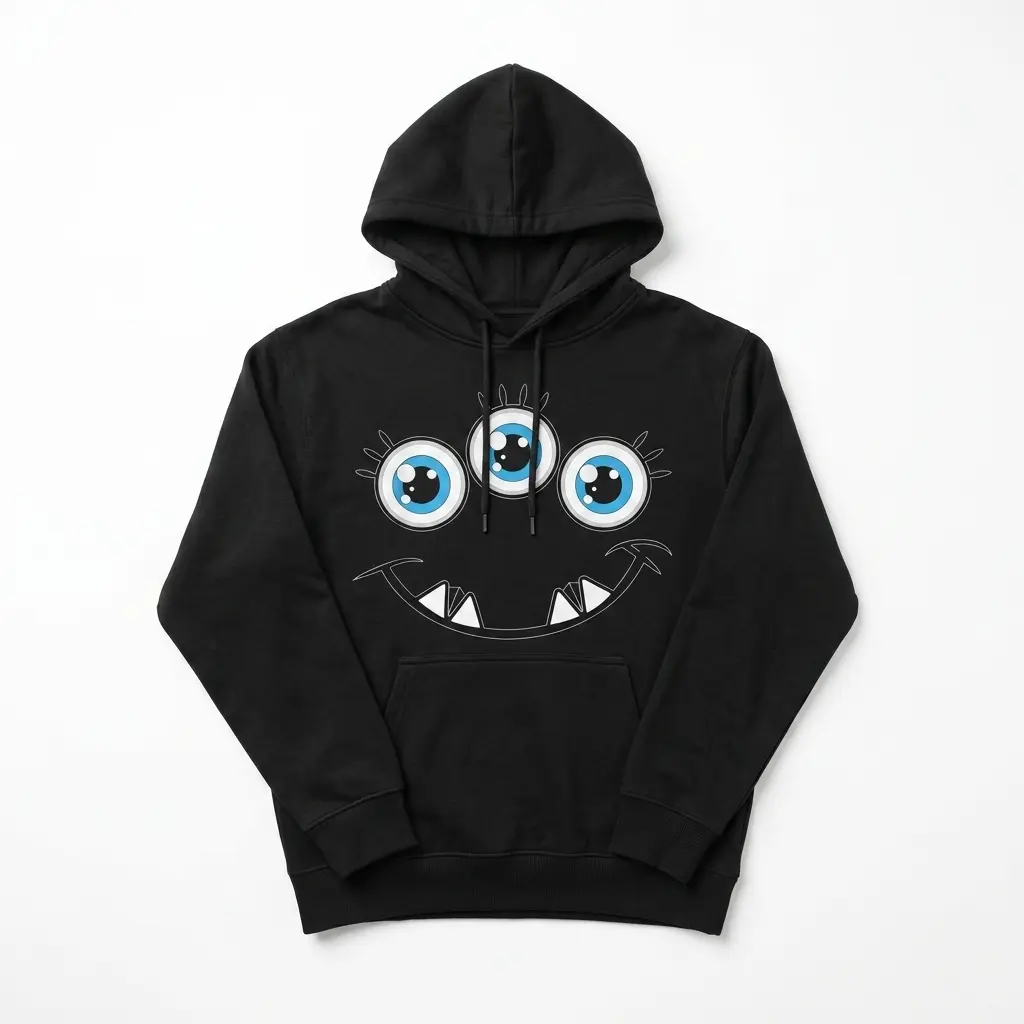 Cute Three Eyed Monster Graphic T-Shirt 2 Close-up view of the three-eyed monster design on the black t-shirt, showcasing its playful features.