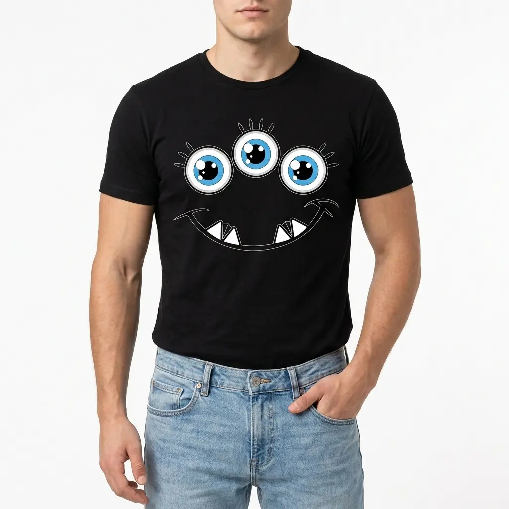 Cute Three Eyed Monster Graphic T-Shirt 3 Front view of the cute three-eyed monster t-shirt displayed flat, emphasizing the fun graphic.